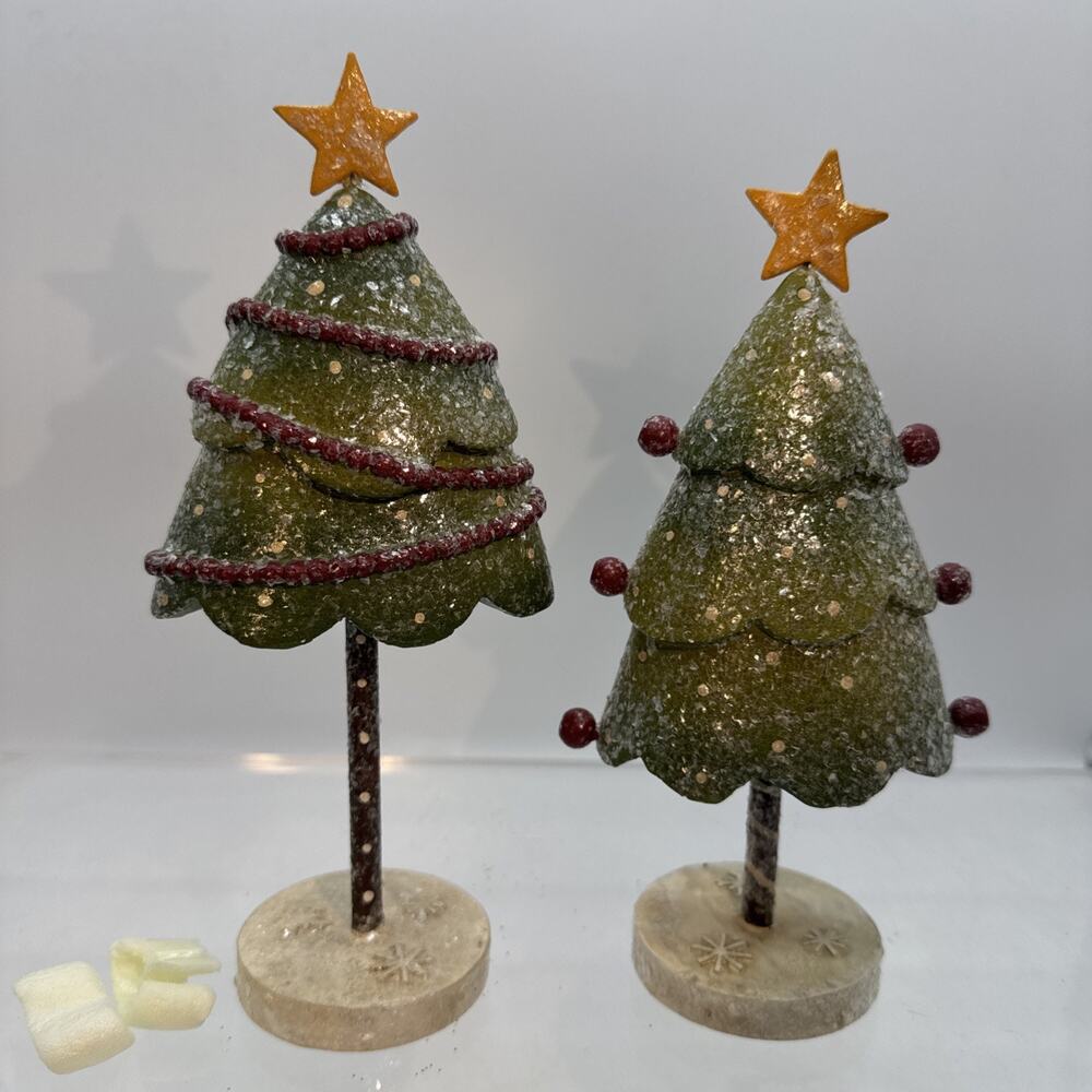 2 Demdaco Fresh Snow Resin Christmas Trees (maker Of Willow Tree) Glittered